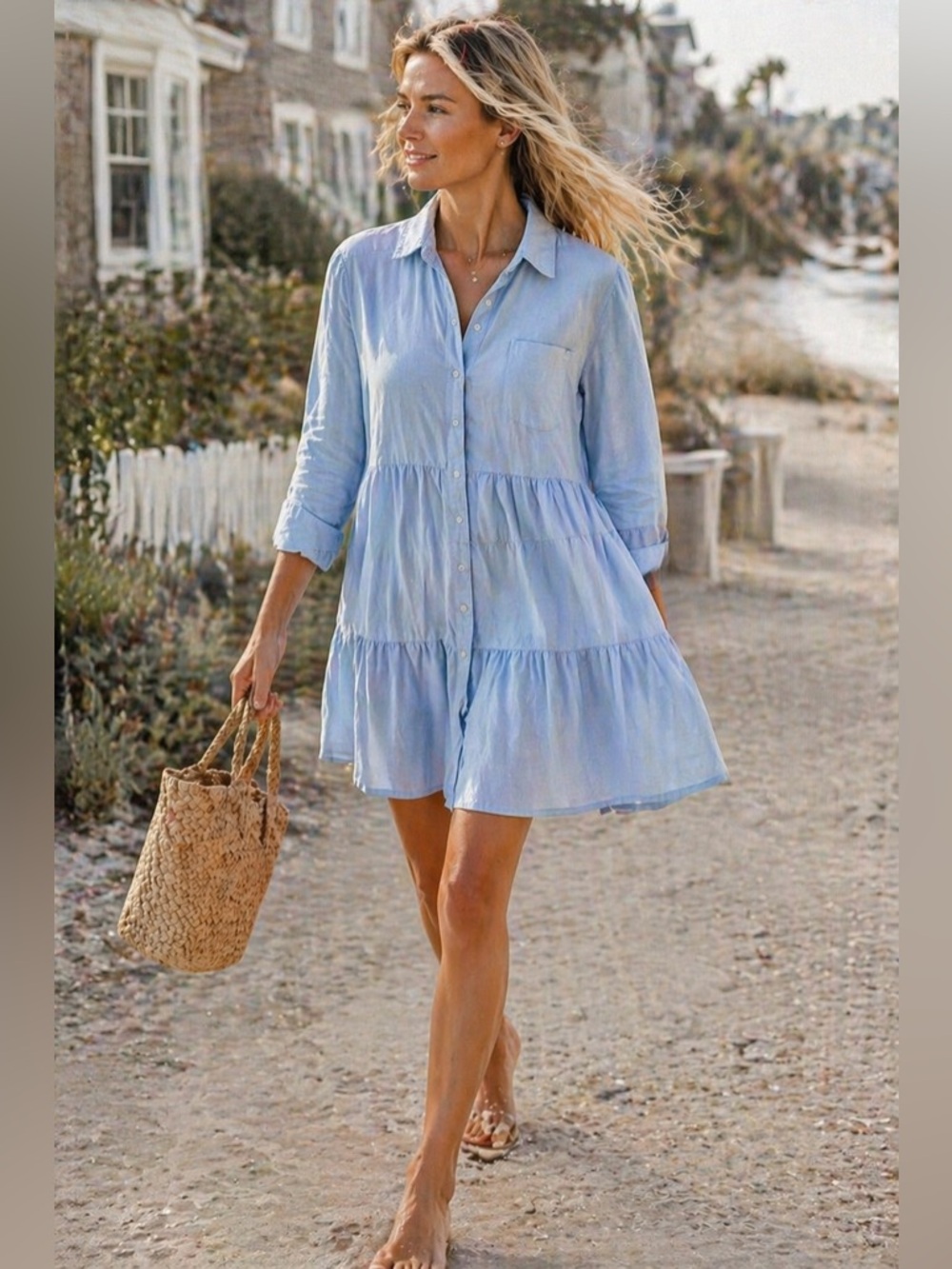 Crown & Ivy Chambray Shirt Dress M Blue Tiered Button Front Collared Coastal